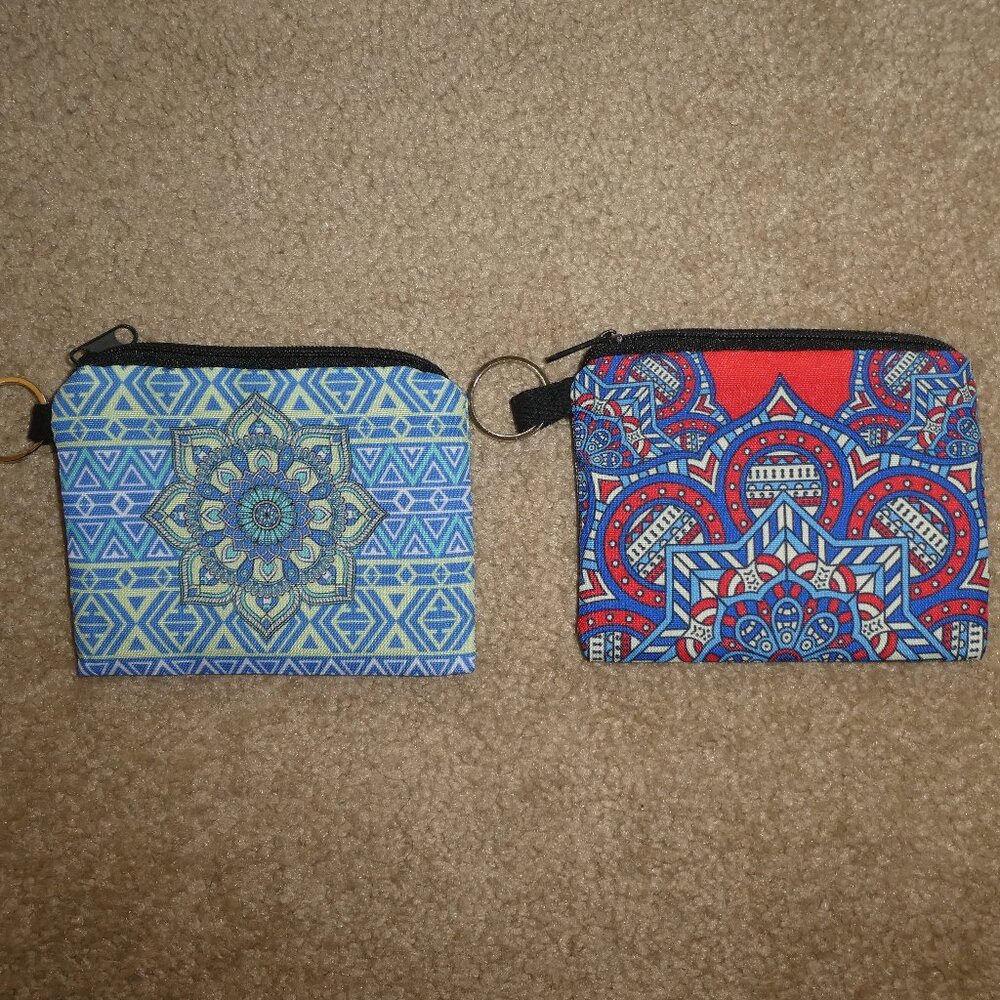 TWO - Colorful Mandala Pattern Mini Coin Purse with attached Key Ring Set
